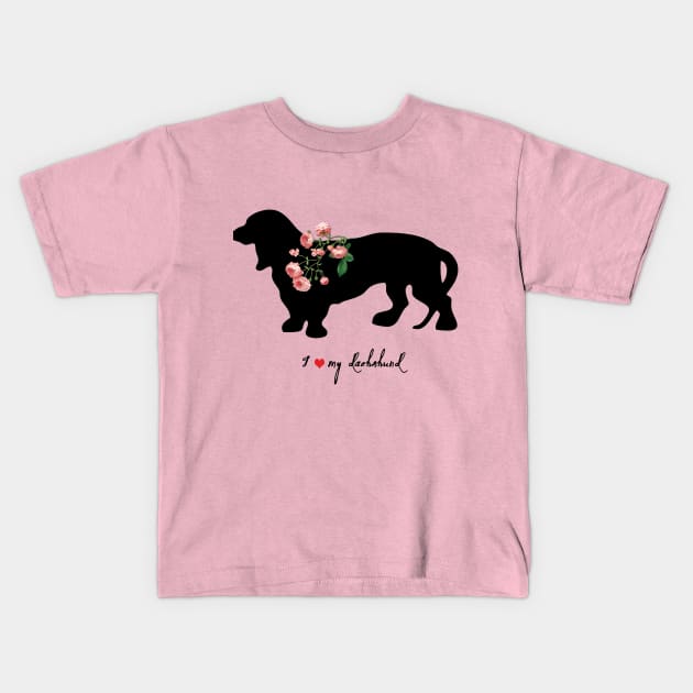 Cute Dachshund Dog Silhouette with Roses Kids T-Shirt by LizzyizzyDesign